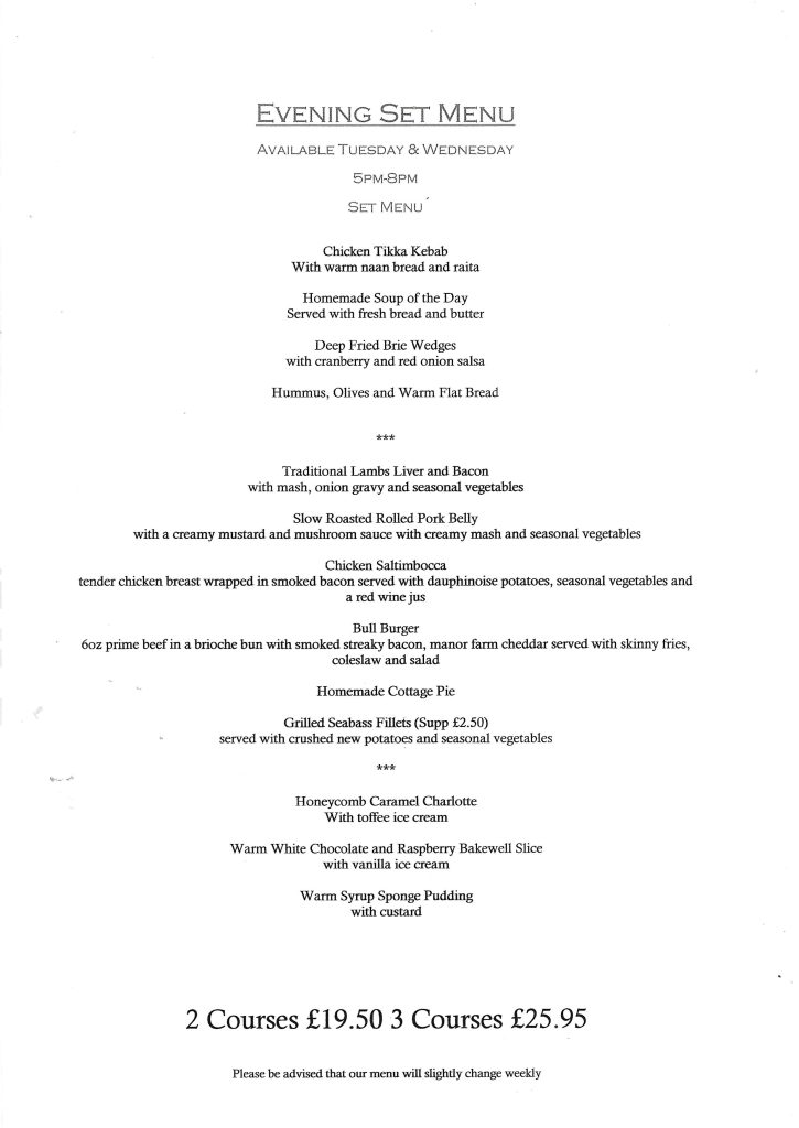 Tuesday & Wednesday Evening Set Menu Bull Pub